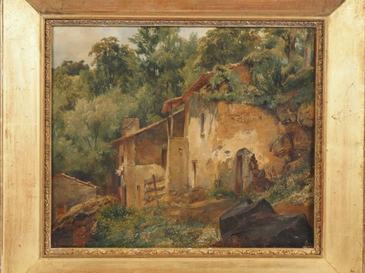 Ecole française  XIXème. "ferme en lisière de forêt" Huile sur papier,