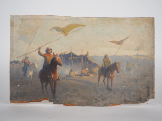 Vente aux enchères Ecole XXème.  "campement d'indiens patagons" Huile sur panneau Dim. 34