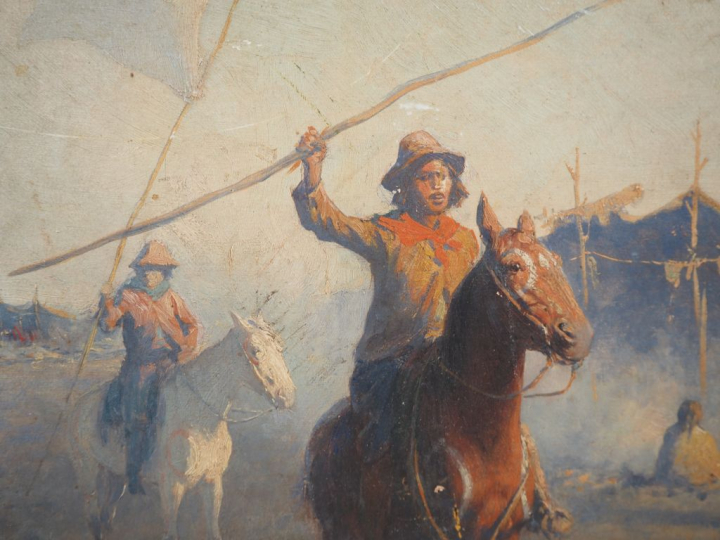 Ecole XXème.  "campement d'indiens patagons" Huile sur panneau Dim. 34