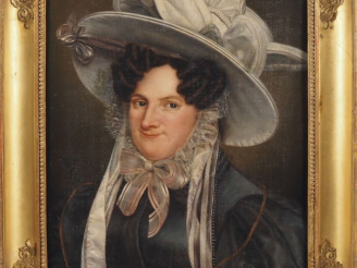 Vente aux enchères Ecole française XXème.  "portrait d'élégante au chapeau blanc" Huile s