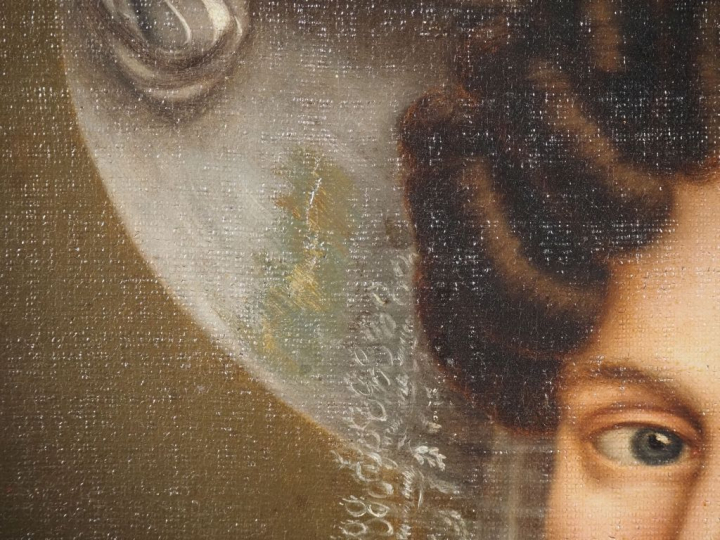 Ecole française XXème.  "portrait d'élégante au chapeau blanc" Huile s