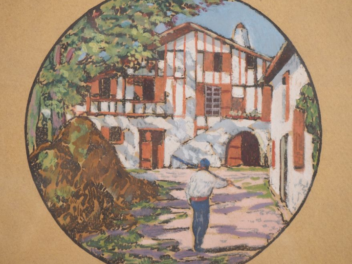 Ecole basque XXème. "paysan dans sa cour de ferme" Pochoir en tondo Di