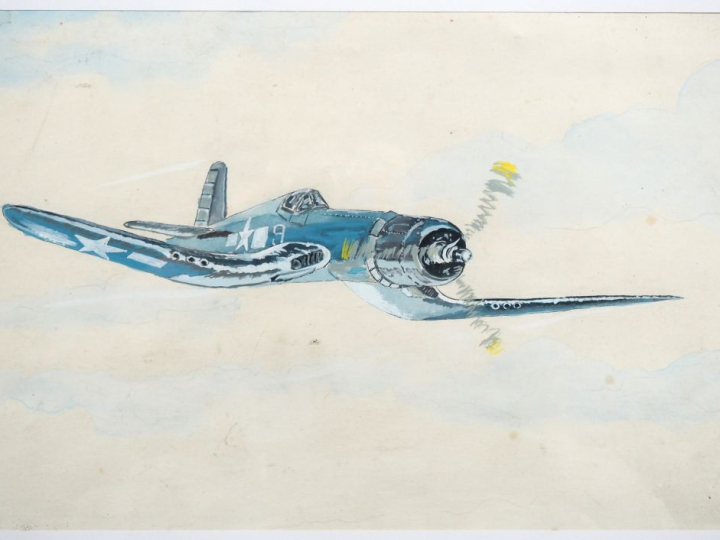 Ecole française XXème. "avion de chasse" Aquarelle gouachée  Dim. À vu