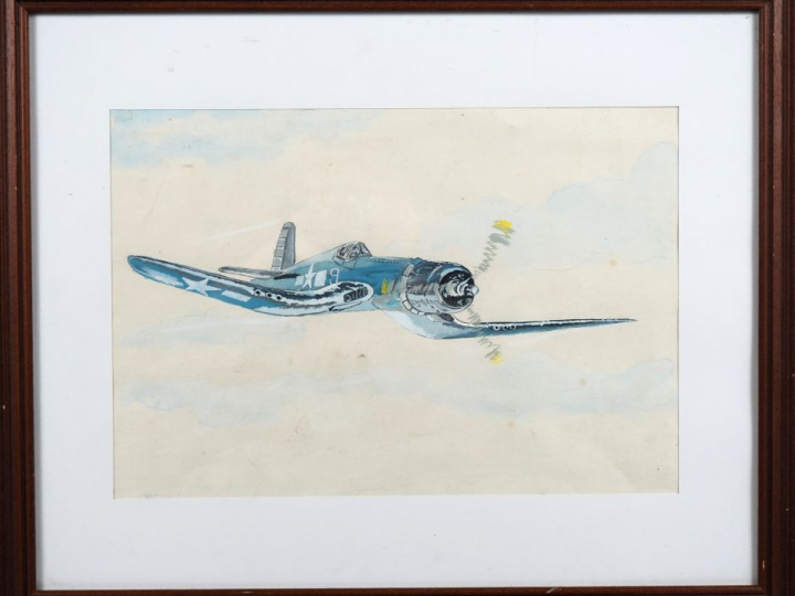 Ecole française XXème. "avion de chasse" Aquarelle gouachée  Dim. À vu