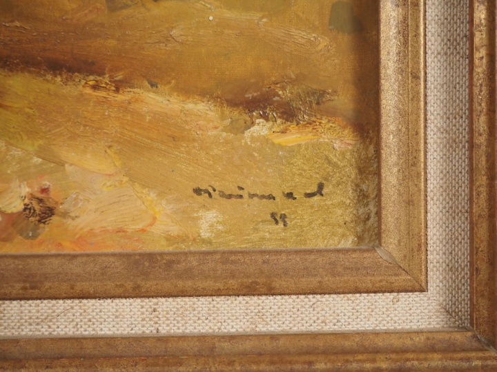 Ecole française XXème.  "la plage"  Huile sur papier marouflée sur toi