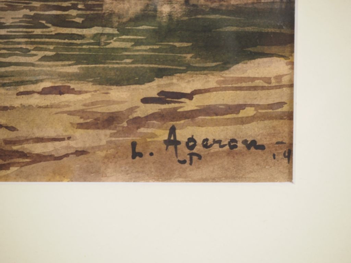 Louis AGERON.  "bord de rivière" Aquarelle, signée en bas à droite  Di