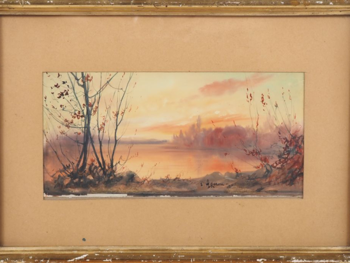 Louis Noël AGERON.  "les bords du Rhone près de Valence" Aquarelle, si