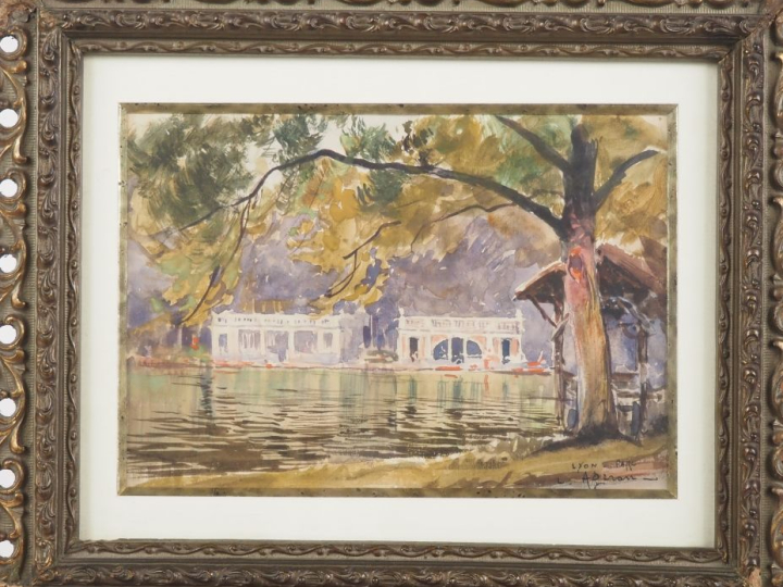 Louis Noël AGERON. "Le parc de la Tête d'Or à Lyon" Aquarelle, signée 