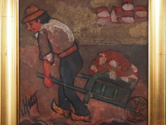 Vente aux enchères Henry D'ANTY.  "paysan tirant sa brouette" Huile sur papier, signée en