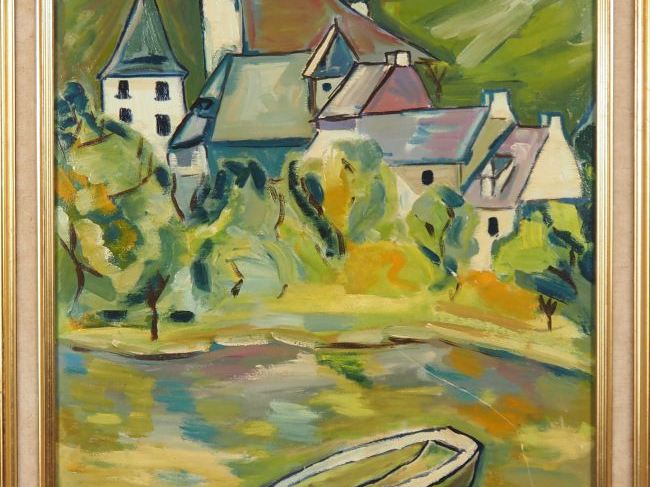 AUBERT.  "village dans le lot" Huile sur carton, signée en bas à gauch