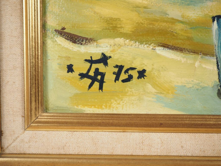 AUBERT.  "village dans le lot" Huile sur carton, signée en bas à gauch