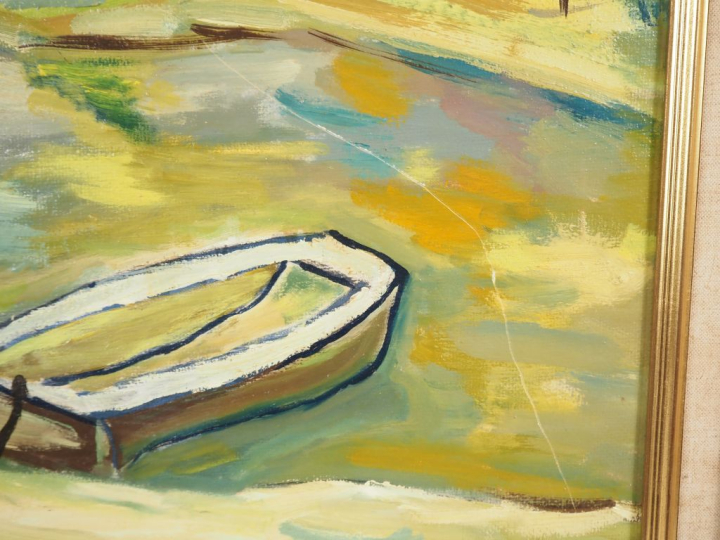 AUBERT.  "village dans le lot" Huile sur carton, signée en bas à gauch