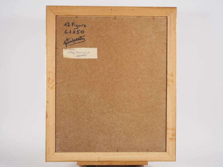 AUBERT.  "village dans le lot" Huile sur carton, signée en bas à gauch