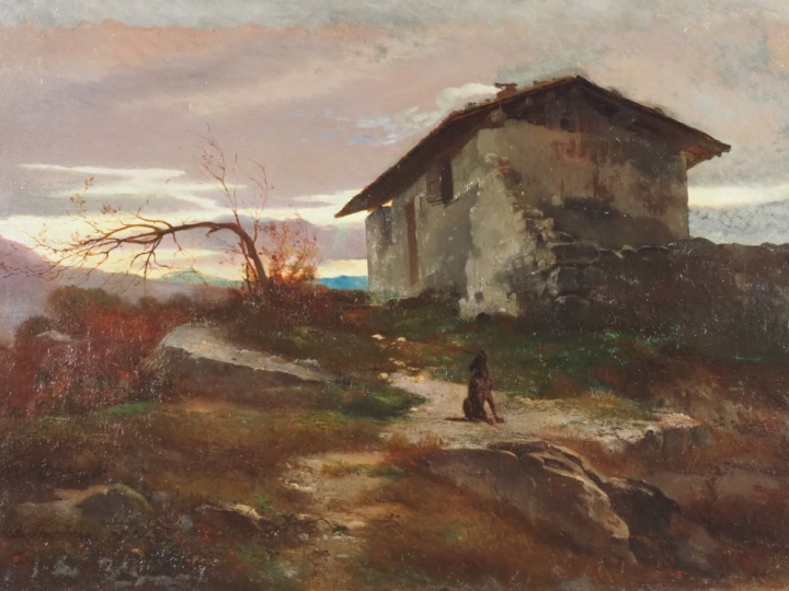Henri BLANC-FONTAINE.  "le chien devant la ferme" Huile sur toile, sig