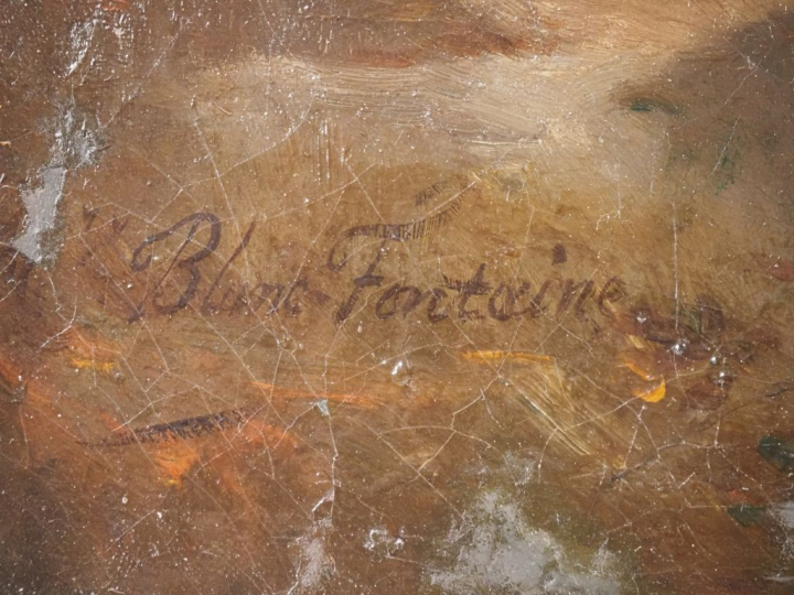 Henri BLANC-FONTAINE.  "le chien devant la ferme" Huile sur toile, sig