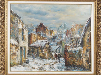 Vente aux enchères Raymond BESSE.  "Montmartre sous la neige" Huile sur toile Dim. 46 x 5