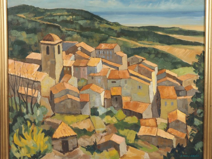 J. BOURDARIE. "village du midi" Huile surt toile, signée en bas à droi