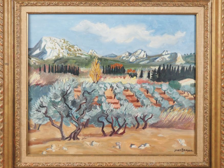 Yves BRAYER.  "Champ d'olivier aux Alpilles" Huile sur toile, signée e