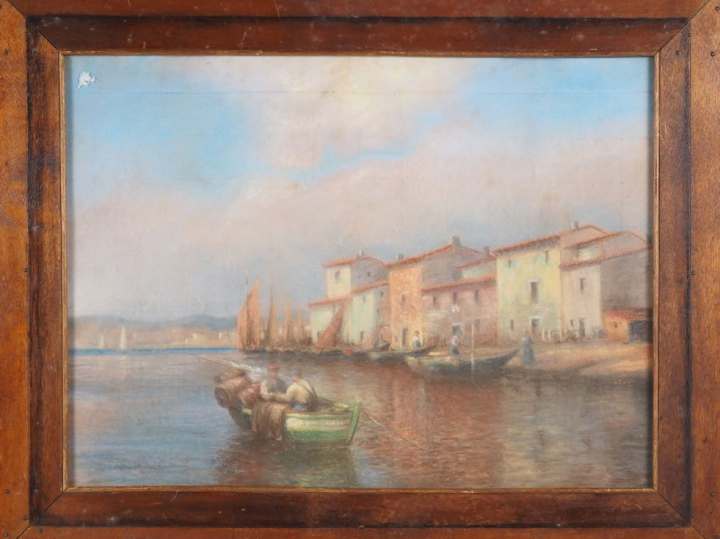 Aymé Michel CAILLETEAU.  "pêcheurs devant les Martigues" Pastel, signé