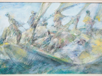 Vente aux enchères Pierre CARO. "pecheurs" Huile sur carton, signée en bas à droite Dim. 