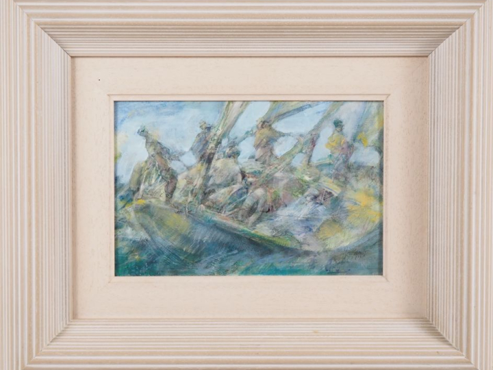 Pierre CARO. "pecheurs" Huile sur carton, signée en bas à droite Dim. 