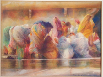 Vente aux enchères Pierre CARO.  "Lavandières" Pastel, signé en bas à droite  Dim. 36 x 4