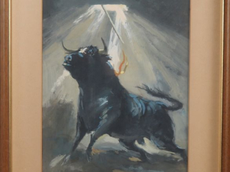 Vente aux enchères Antonio CASERO.  "Taureau de combat chargeant" Gouache, signée et dédi