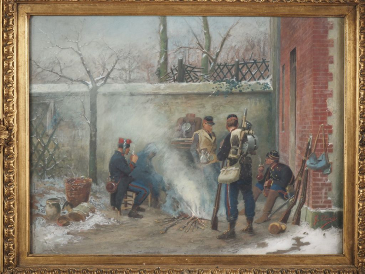 G. CLARIS.  "Les soldats à la gamelle" Gouache, signée en bas à droite