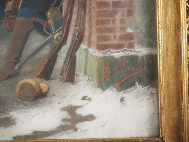G. CLARIS.  "Les soldats à la gamelle" Gouache, signée en bas à droite