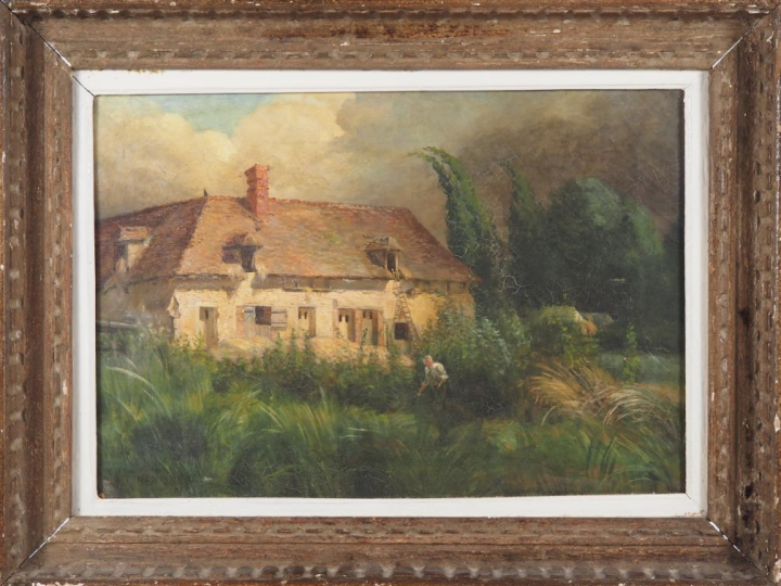 CAUCAUNIER.  "paysan devant sa ferme" Huile sur toile, signée en bas à