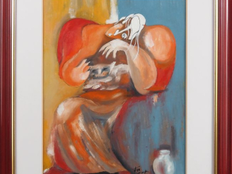 Vente aux enchères Juan COOK. "Le repos du chat" Huile sur carton, signée en bas à droite