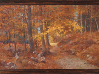 Vente aux enchères Emile DECKERS.  "Sous bois en automne" Huile sur toile, signée en bas 