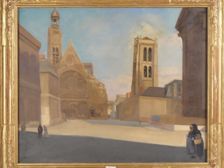 Edmond Charles KAYSER.  "personnages sur le parvis de l'église" Huile 