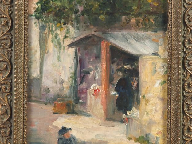 Isabelle LESPINASSE.  "près du lavoir" Huile sur panneau, signée en ba