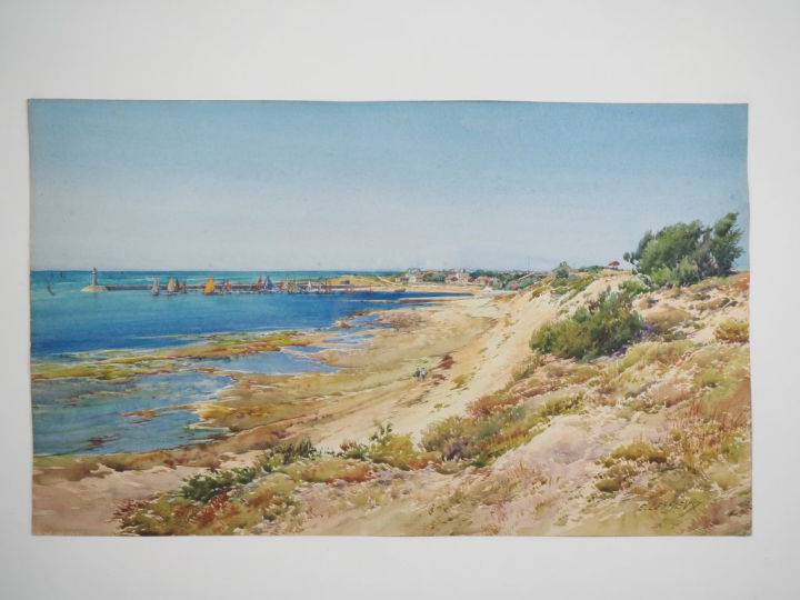E. LESSIEUX.  "Oléron, promenade sur la plage" Aquarelle, signée en ba