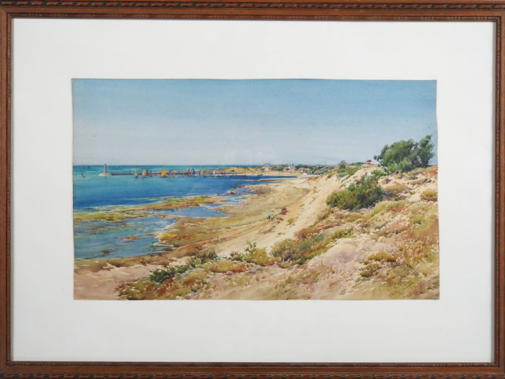 E. LESSIEUX.  "Oléron, promenade sur la plage" Aquarelle, signée en ba