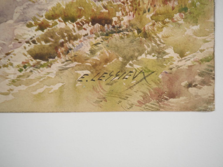 E. LESSIEUX.  "Oléron, promenade sur la plage" Aquarelle, signée en ba