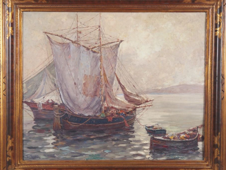 Vente aux enchères Ed. MANDON. "Marseille, tartanes, temps gris" Huile sur panneau, signé