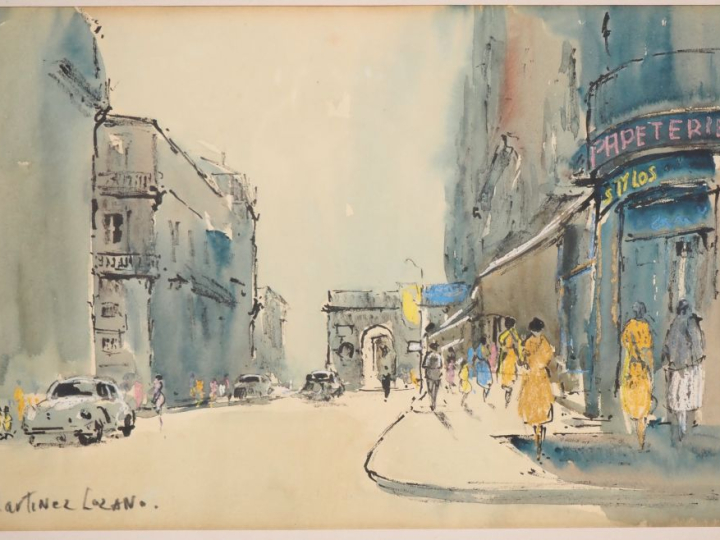 Josep MARTINEZ LOZANO. "Avenue animée" Aquarelle, signée en bas à gauc
