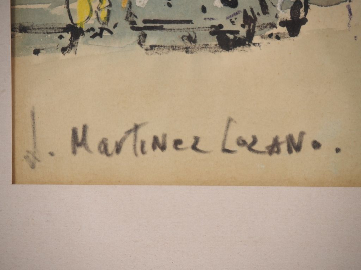 Josep MARTINEZ LOZANO. "Avenue animée" Aquarelle, signée en bas à gauc