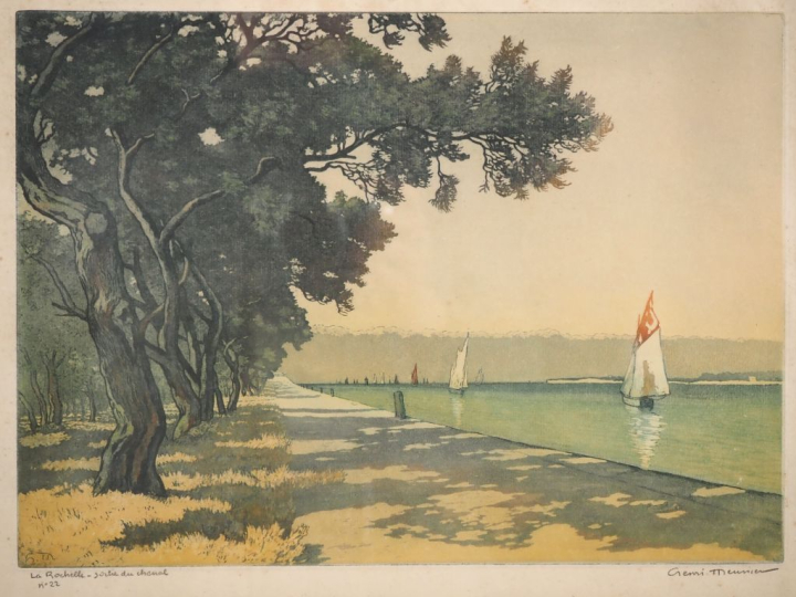 Henri MEUNIER.  "La Rochelle, sortie du chenal" Gravure signée en bas 