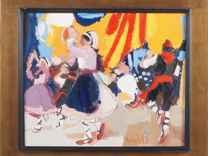 Michel NO.  "Danseurs de Sardane" Huile sur toile, signée en bas à dro