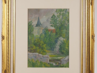 Vente aux enchères Pierre Edmond PERADON.  "l'église" Huile sur papier, sous verre signée