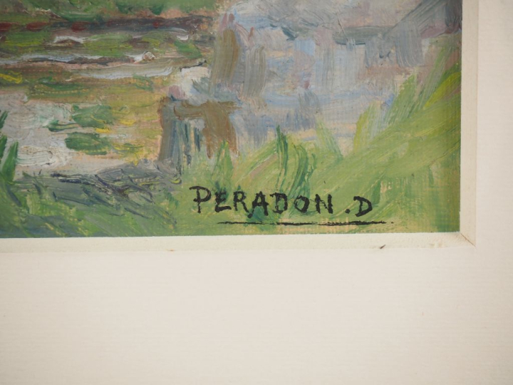 Pierre Edmond PERADON.  "l'église" Huile sur papier, sous verre signée