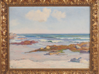 Vente aux enchères Mary PIRIOU.  "Marée basse à Port-Hiagatt (Lesconil)" Huile sur toile,