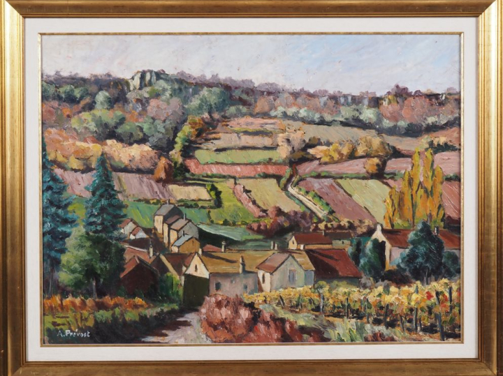 A. PREVOST. "vue de Cormot en automne" Huile sur panneau, signée en ba