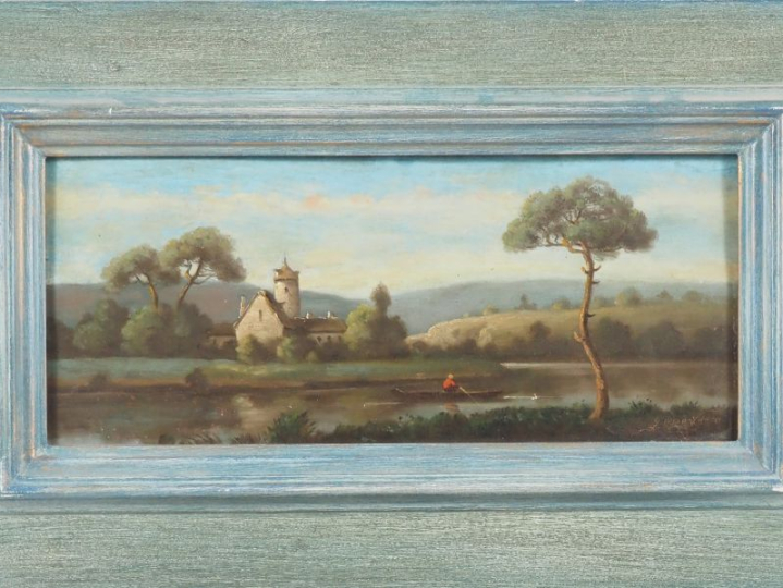 PREVOST. "paysage lacustre animé" Huile sur panneau signée en bas à dr