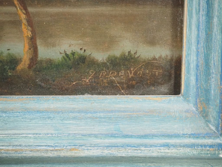 PREVOST. "paysage lacustre animé" Huile sur panneau signée en bas à dr
