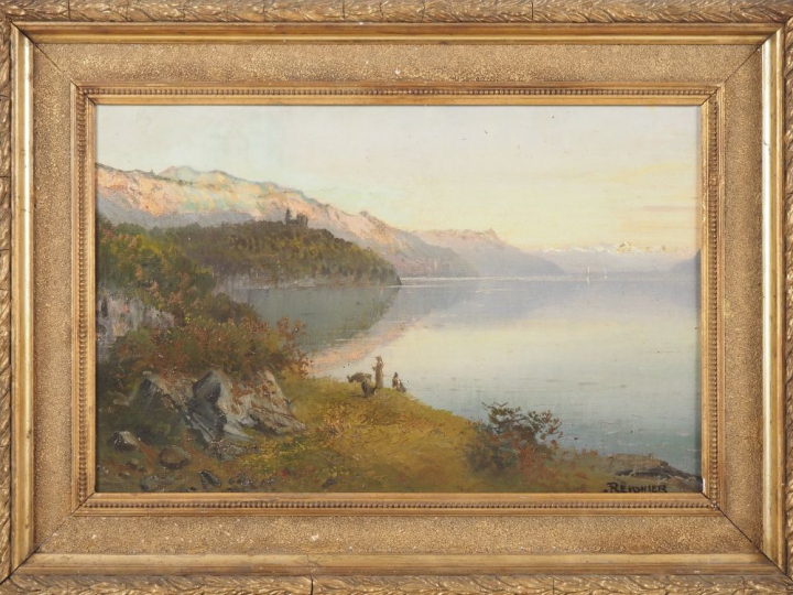 REIGNIER.  "personnage au bord d'un lac de montagne" Huile sur toile, 