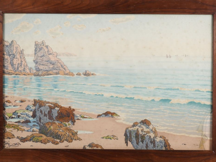 Henri RIVIERE.  "Plage du Porzic, presqu'ile de Crozon" Lithographie, 